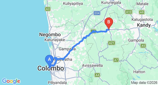 Driving route map: Colombo Seaport to Kegalle (85 km, approx 2 h 6 min private transfer)