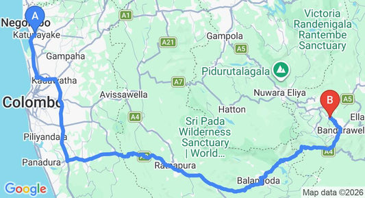 Driving route map: Colombo Airport (CMB) to Ceylon Tea Bungalows, Bandarawela (228 km, approx 5 h 37 min private transfer)