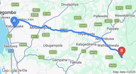 Driving route map: Colombo Airport (CMB) to Urapola (35 km, approx 1 h 9 min private transfer)