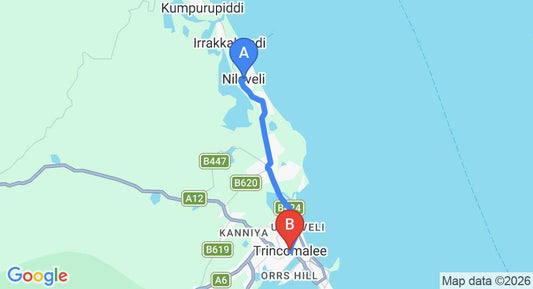 Driving route map: Nilaveli to Trincomalee (13 km, approx 21 min private transfer)
