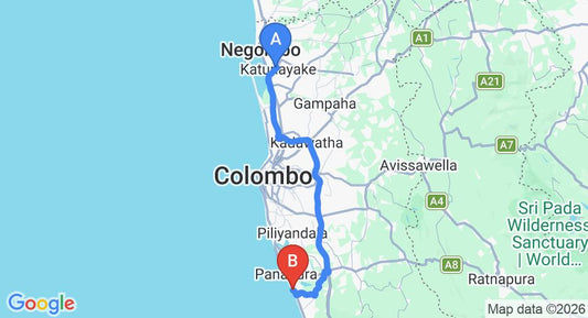 Driving route map: Colombo Airport (CMB) to The Villas, Wadduwa (80 km, approx 1 h 25 min private transfer)