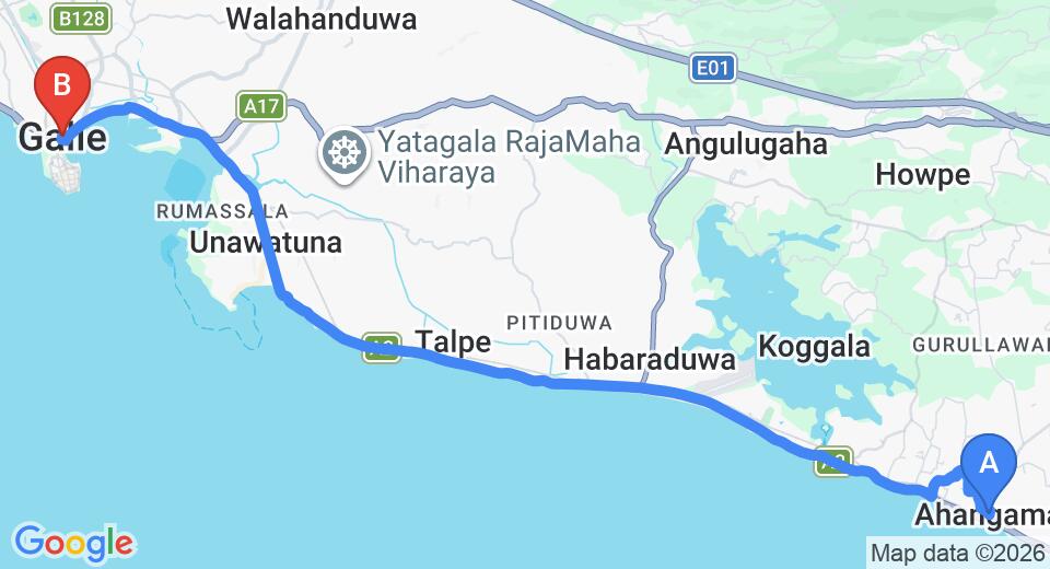 Driving route map: Ahangama to Galle (20 km, approx 40 min private transfer)
