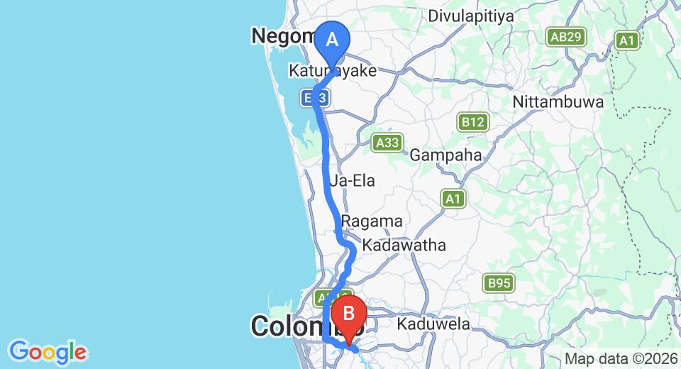 Driving route map: Colombo Airport (CMB) to Prime Wrendale Residencies, Colombo (37 km, approx 49 min private transfer)