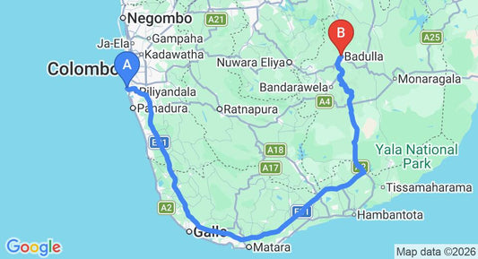 Driving route map: Ratmalana (RML) Airport to Badulla (315 km, approx 5 h 16 min private transfer)