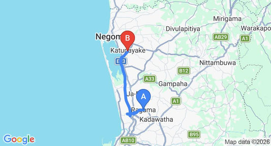 Driving route map: Ragama to Colombo Airport (CMB) (25 km, approx 32 min private transfer)