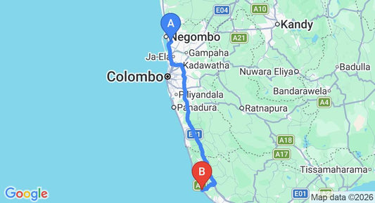 Driving route map: Colombo Airport (CMB) to White House Villas, Hikkaduwa (143 km, approx 2 h 7 min private transfer)