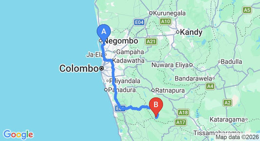 Driving route map: Colombo Airport (CMB) to Martin's Lodge, Ratnapura (152 km, approx 3 h 2 min private transfer)