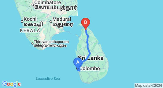 Driving route map: Ratmalana (RML) Airport to Kilinochchi (360 km, approx 7 h 9 min private transfer)