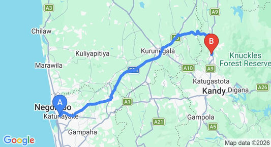 Driving route map: Colombo Airport (CMB) to Rest House Matale, Matale (124 km, approx 2 h 54 min private transfer)