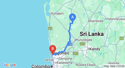 Driving route map: Yapahuwa to Colombo Airport (CMB) (116 km, approx 2 h 36 min private transfer)