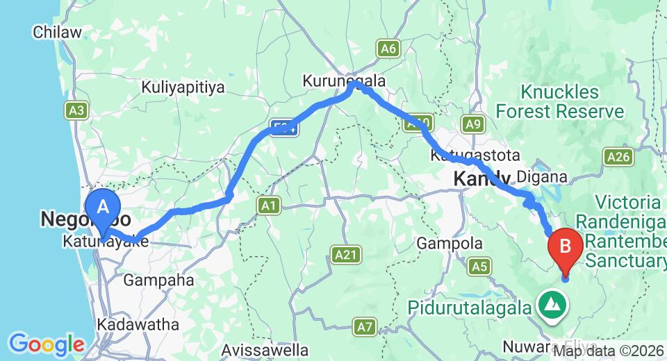 Driving route map: Colombo Airport (CMB) to Padiyapellela (157 km, approx 4 h 5 min private transfer)
