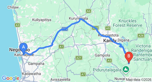 Driving route map: Colombo Airport (CMB) to Padiyapellela (157 km, approx 4 h 5 min private transfer)