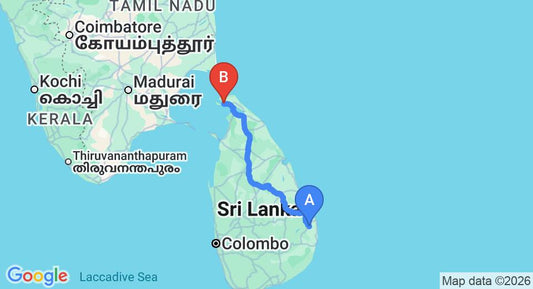 Driving route map: Gal Oya to Jaffna (421 km, approx 7 h 54 min private transfer)