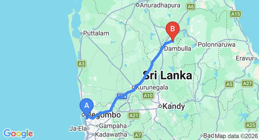 Driving route map: Colombo Airport (CMB) to Winreach Leala Resort, Sigiriya (146 km, approx 3 h 13 min private transfer)