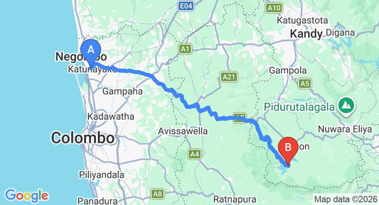 Driving route map: Colombo Airport (CMB) to Maskeliya (127 km, approx 4 h 16 min private transfer)
