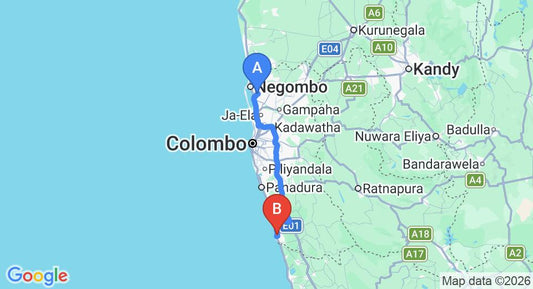 Driving route map: Colombo Airport (CMB) to Hotel Gemporia Bay View, Beruwala (100 km, approx 1 h 44 min private transfer)