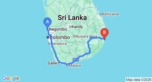 Driving route map: Negombo to Arugam Bay (421 km, approx 6 h 32 min private transfer)