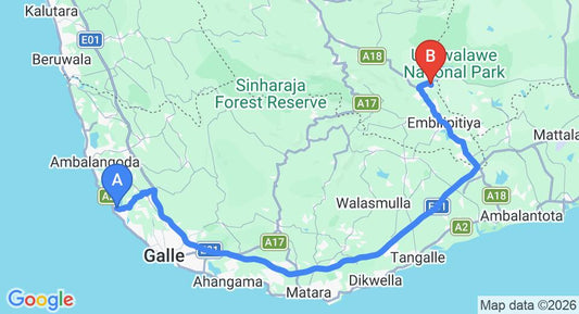 Driving route map: Hikkaduwa to Udawalawe (143 km, approx 2 h 16 min private transfer)