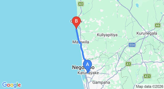 Driving route map: Colombo Airport (CMB) to C and I Beach Hotel, Chilaw (46 km, approx 1 h 20 min private transfer)