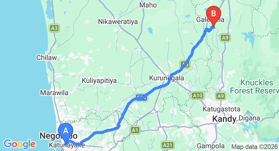 Driving route map: Colombo Airport (CMB) to Wahakotte (114 km, approx 2 h 37 min private transfer)