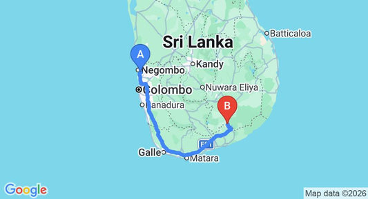Driving route map: Colombo Airport (CMB) to Tanamalwila (273 km, approx 3 h 32 min private transfer)