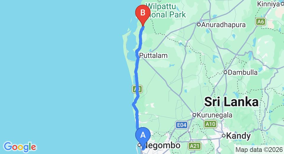 Driving route map: Colombo Airport (CMB) to Wilpattu (137 km, approx 3 h 20 min private transfer)