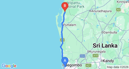 Driving route map: Colombo Airport (CMB) to Wilpattu (137 km, approx 3 h 20 min private transfer)