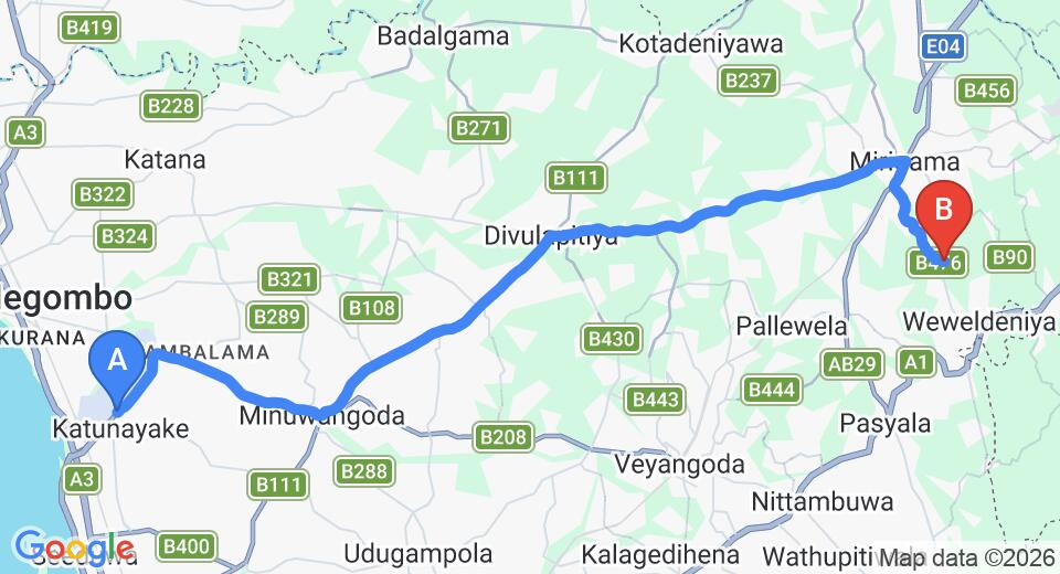 Driving route map: Colombo Airport (CMB) to Pamunuwatta (36 km, approx 1 h 6 min private transfer)