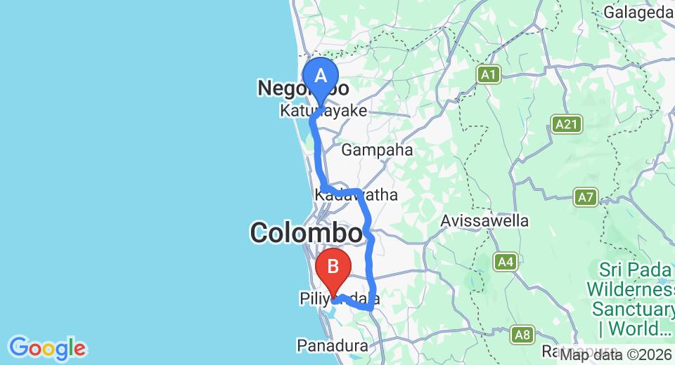 Driving route map: Colombo Airport (CMB) to Villa Bolgoda, Colombo (64 km, approx 1 h 10 min private transfer)