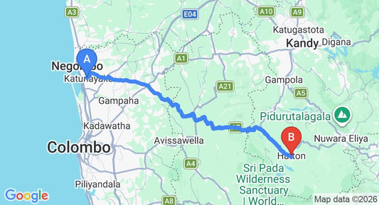 Driving route map: Colombo Airport (CMB) to Slightlychilled, Hatton (116 km, approx 3 h 36 min private transfer)