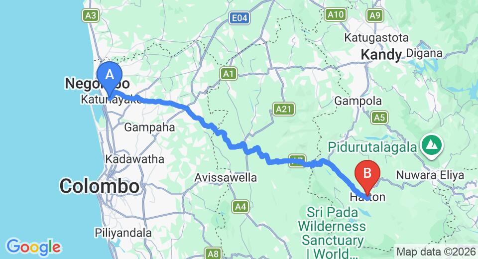 Driving route map: Colombo Airport (CMB) to Villa Serenity, Hatton (116 km, approx 3 h 36 min private transfer)