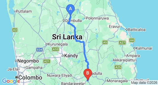 Driving route map: Sigiriya to Ella (172 km, approx 4 h 13 min private transfer)