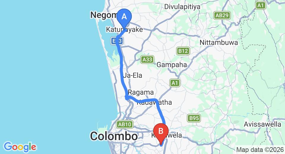 Driving route map: Colombo Airport (CMB) to Creeks Villa, Malabe (41 km, approx 49 min private transfer)