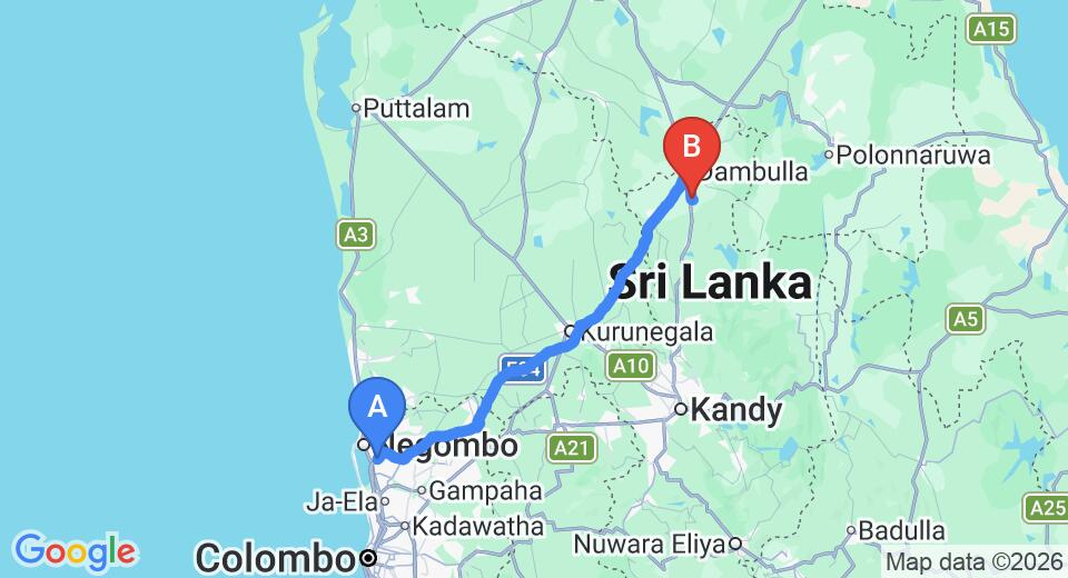Driving route map: Colombo Airport (CMB) to Elephant Stables, Dambulla (135 km, approx 2 h 57 min private transfer)