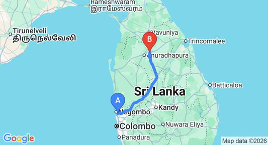Driving route map: Colombo Airport (CMB) to Saji-Sami Hotel, Mihintale (189 km, approx 3 h 53 min private transfer)