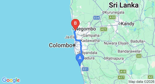 Driving route map: Kalutara to Colombo Airport (CMB) (82 km, approx 1 h 26 min private transfer)