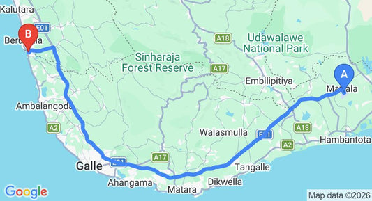 Driving route map: Mattala (HRI) Airport to Aluthgama (170 km, approx 2 h 13 min private transfer)