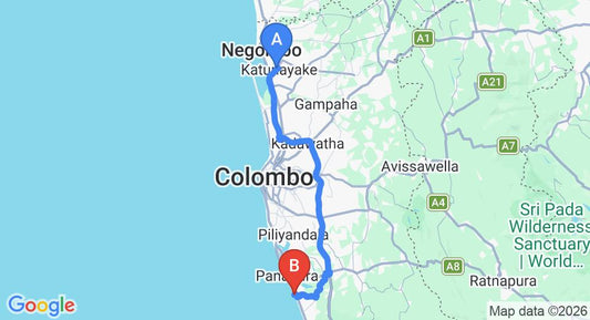 Driving route map: Colombo Airport (CMB) to Villa Wadduwa Beach, Wadduwa (79 km, approx 1 h 25 min private transfer)