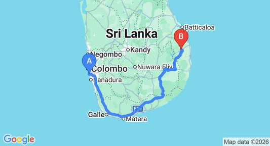 Driving route map: Ratmalana (RML) Airport to Ampara (399 km, approx 6 h 30 min private transfer)