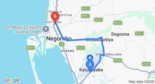 Driving route map: Colombo Airport (CMB) to Periyamulla (12 km, approx 28 min private transfer)