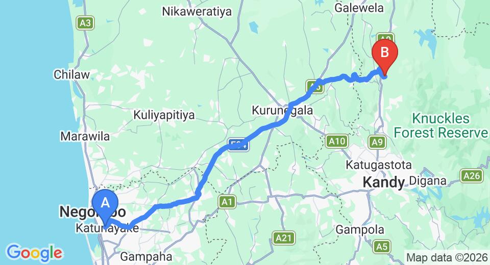 Driving route map: Colombo Airport (CMB) to Puwakpitiya (126 km, approx 2 h 57 min private transfer)