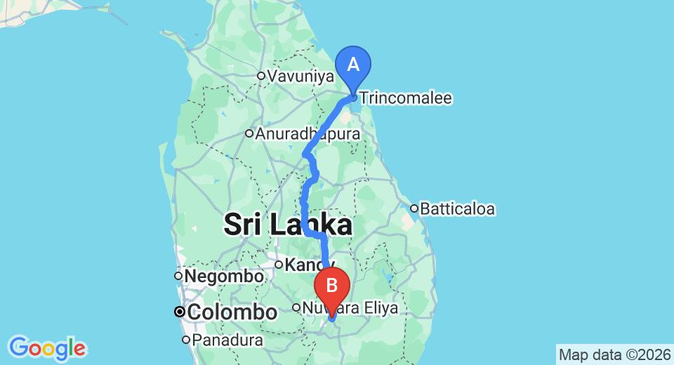 Driving route map: Trincomalee to Ella (264 km, approx 5 h 41 min private transfer)