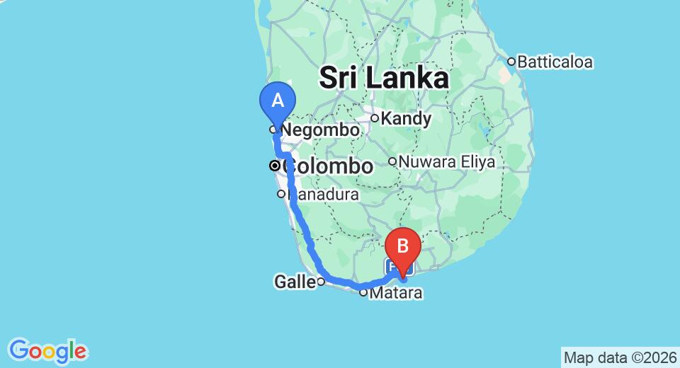 Driving route map: Colombo Airport (CMB) to Rekawa (222 km, approx 3 h 2 min private transfer)