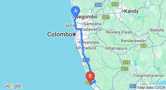 Driving route map: Colombo Airport (CMB) to Asian Jewel Hotel, Hikkaduwa (142 km, approx 2 h 6 min private transfer)