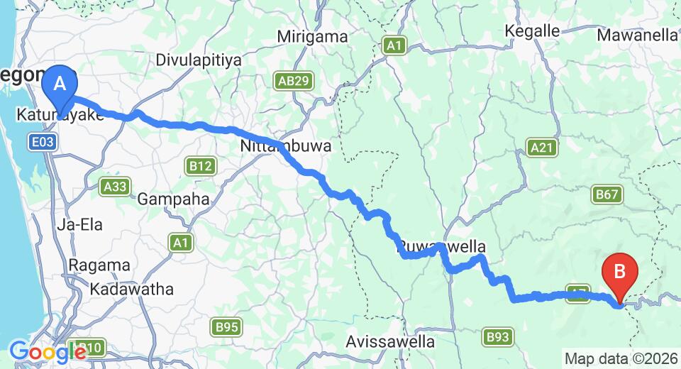 Driving route map: Colombo Airport (CMB) to Forest Edge, Kitulgala (84 km, approx 2 h 29 min private transfer)