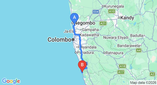 Driving route map: Colombo Airport (CMB) to Zoda, Induruwa (114 km, approx 1 h 51 min private transfer)