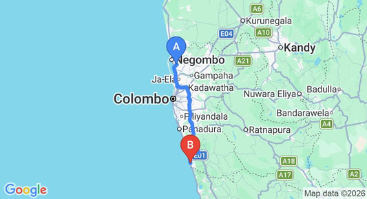 Driving route map: Colombo Airport (CMB) to Belfry Guesthouse, Beruwala (100 km, approx 1 h 43 min private transfer)