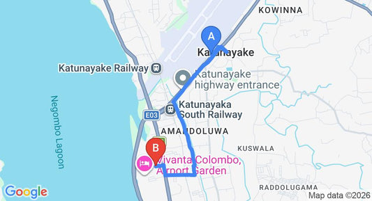 Driving route map: Colombo Airport (CMB) to Hansa Villa, Negombo (6 km, approx 16 min private transfer)