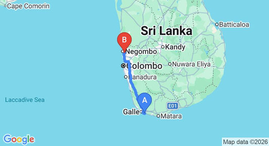 Driving route map: Talpe to Colombo Airport (CMB) (154 km, approx 2 h 9 min private transfer)