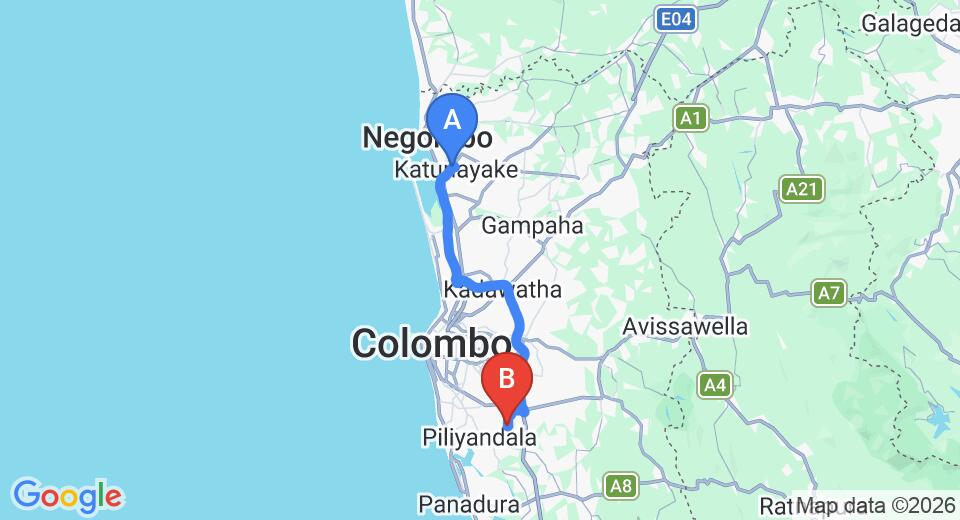 Driving route map: Colombo Airport (CMB) to Siddamulla (54 km, approx 58 min private transfer)